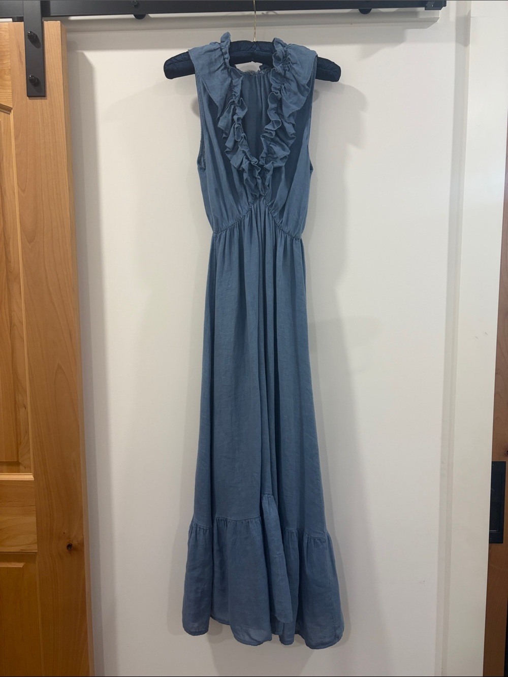 100% Linen Cornflower Blue Ruffle Maxi Dress